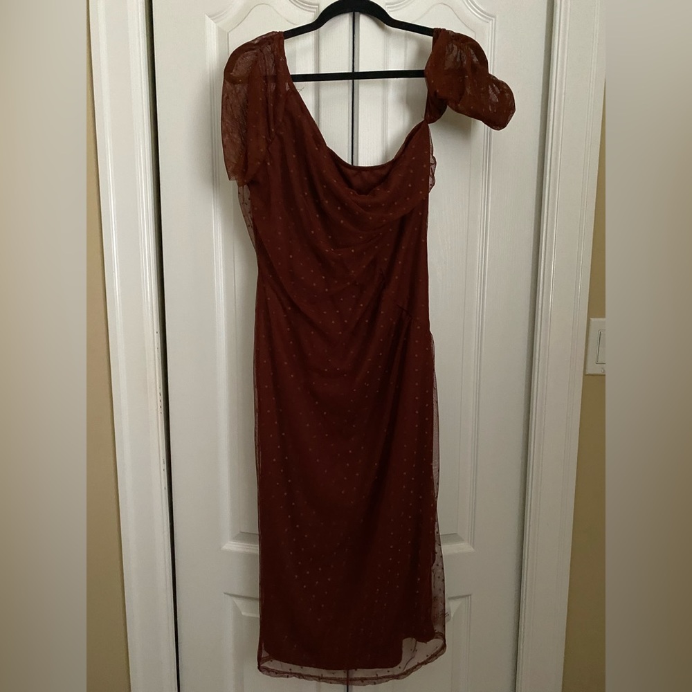 ASOS asymmetric red/brown ruched polka dot midi dress